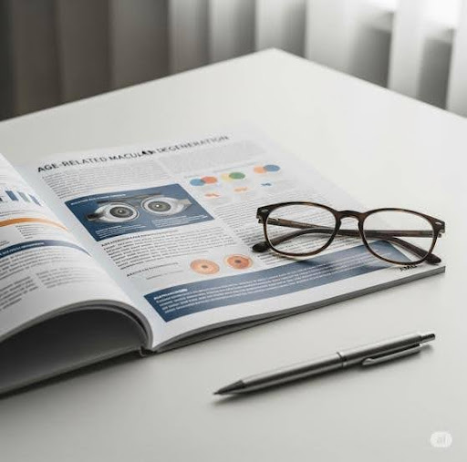 Informationsbroschüre über trockene Makuladegeneration mit Diagrammen und Illustrationen auf einem Tisch, daneben eine Brille und ein Stift.